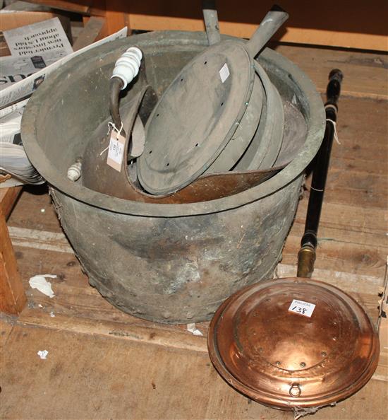 Four copper warming pans (3 handles deficient), copper bin & a coal scuttle with ceramic handle (5)